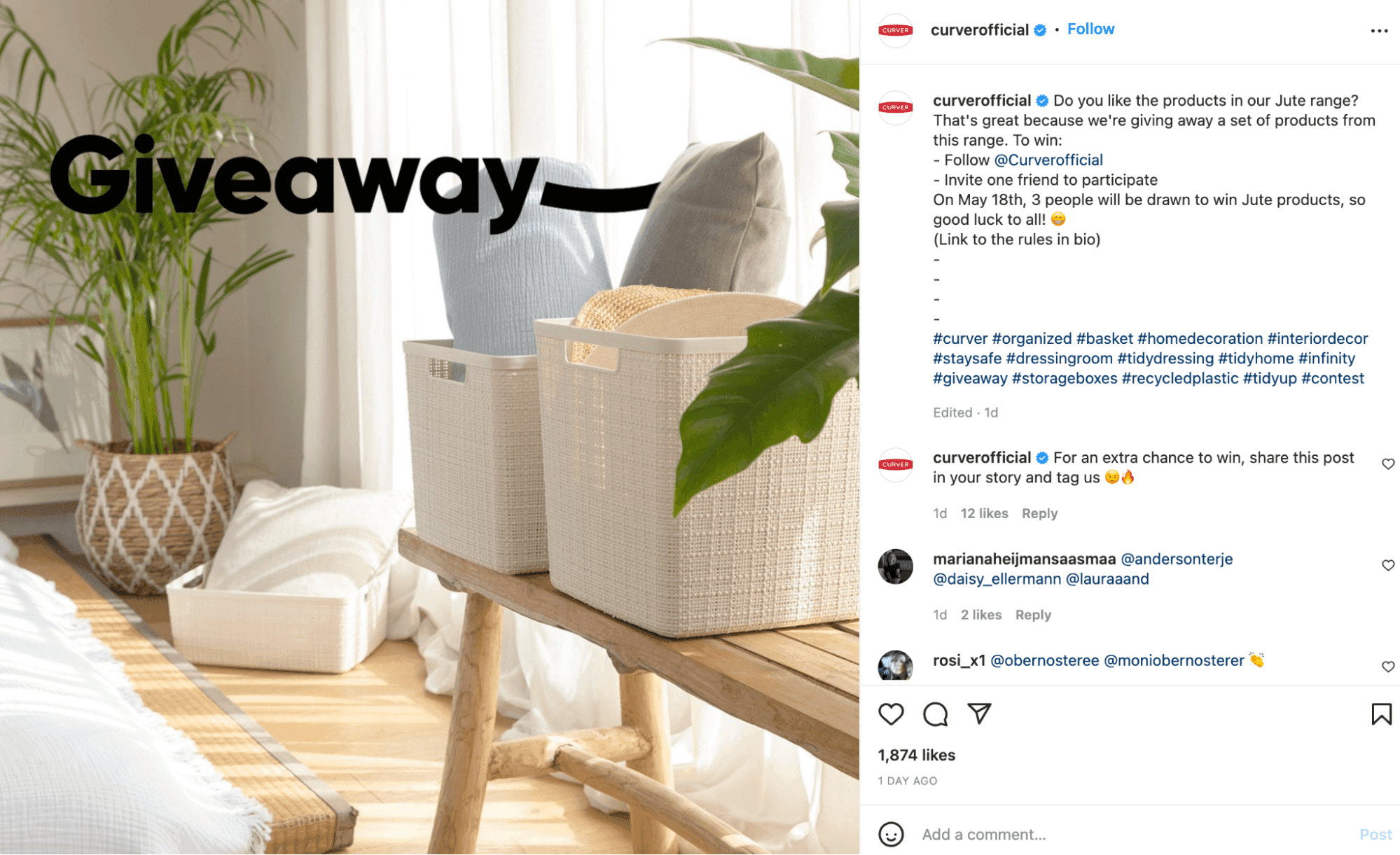 A screenshot of a Instagram post Giveaway from Curver.