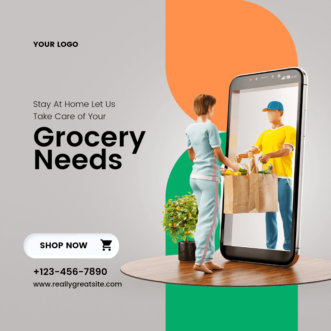 An advertisement template with an illustration of two people exchanging groceries.