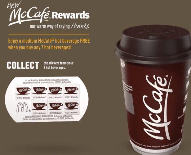 An advertisement from McDonalds, promoting McCafe Rewards, encouraging customers to enjoy a free medium McCafe Beverage when they buy any 7 beverages.