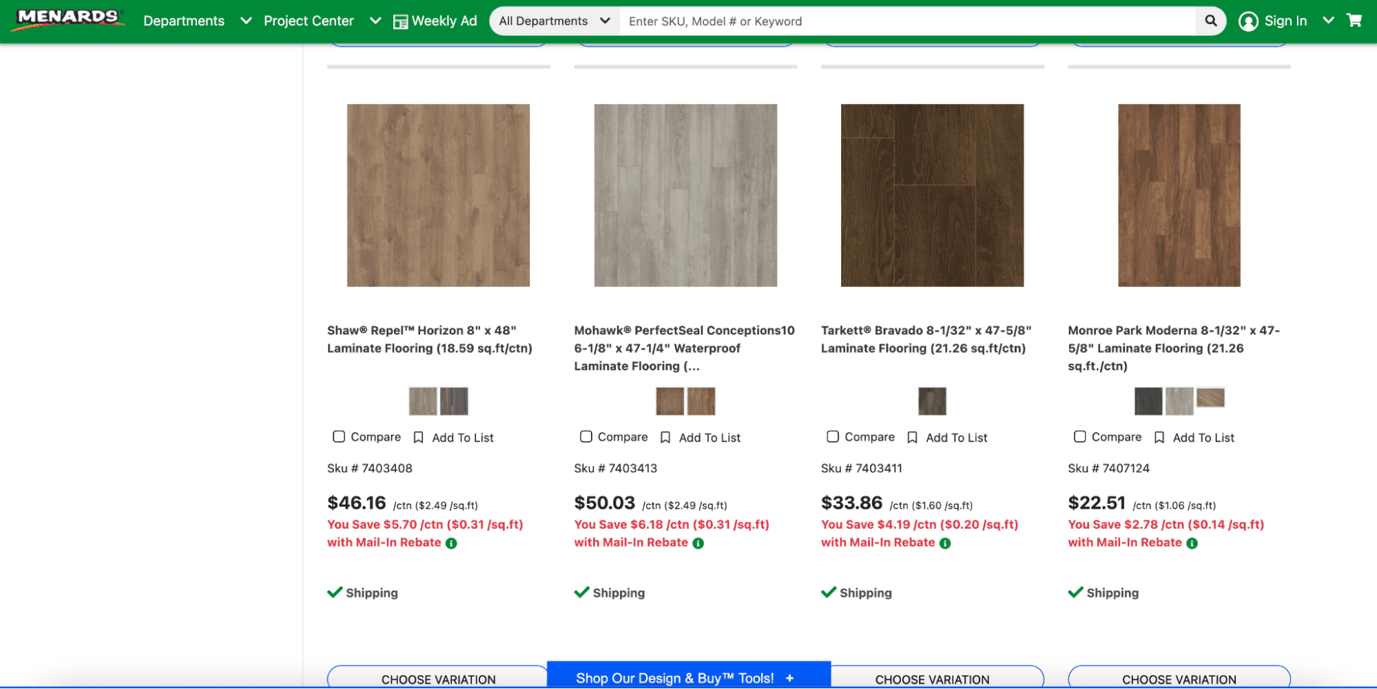 A screenshot from the Menards website, displaying products and how much the customer would save with the 11% rebate.