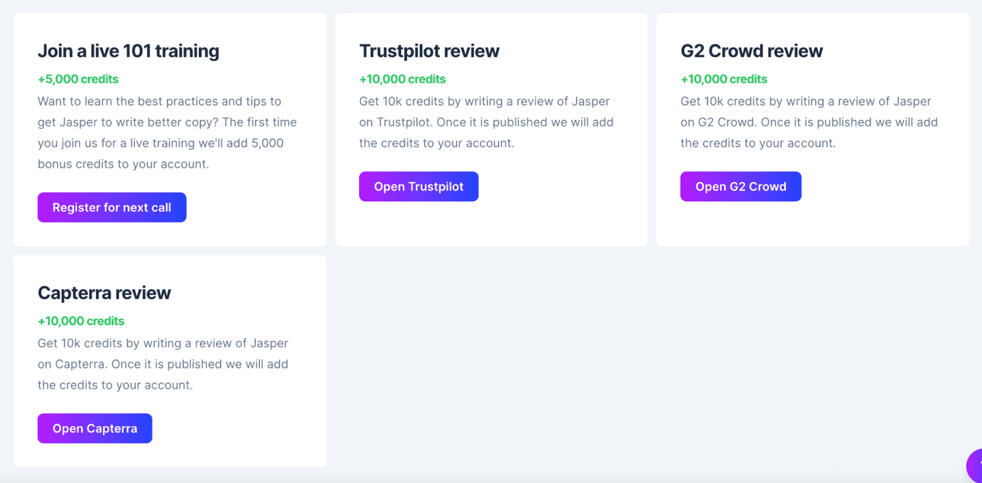 Jasper.ai's discount program to encourage users to leave reviews on various popular platforms. 