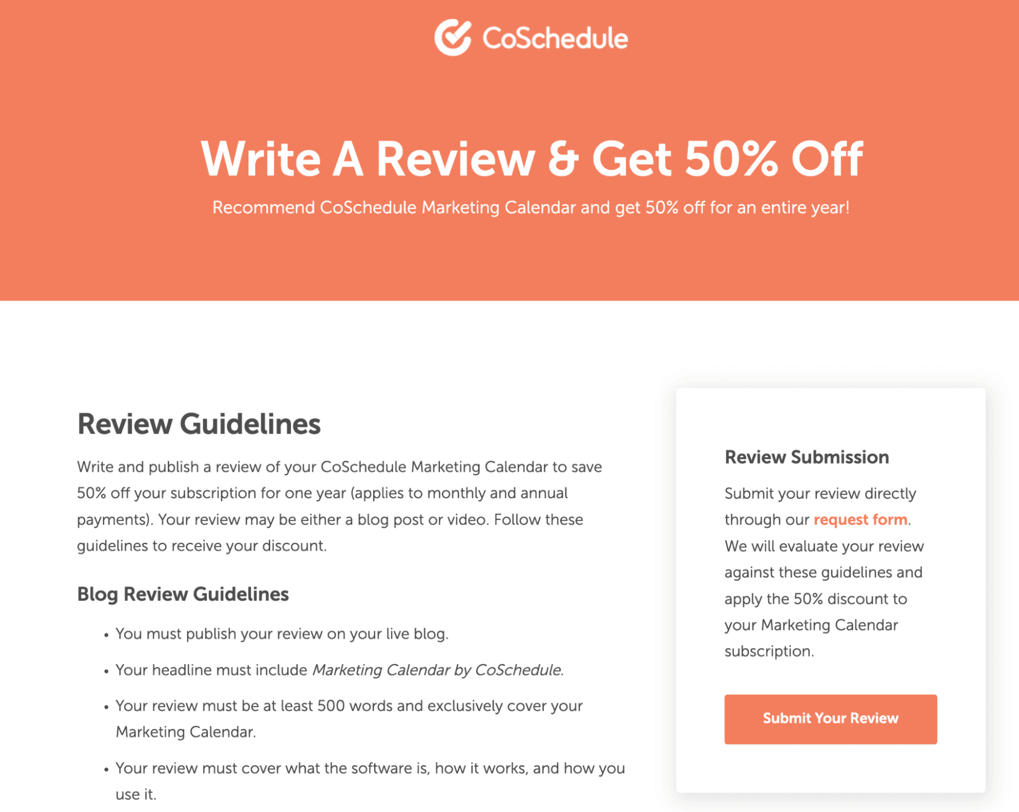 The guidelines of the CoSchedule loyalty program.