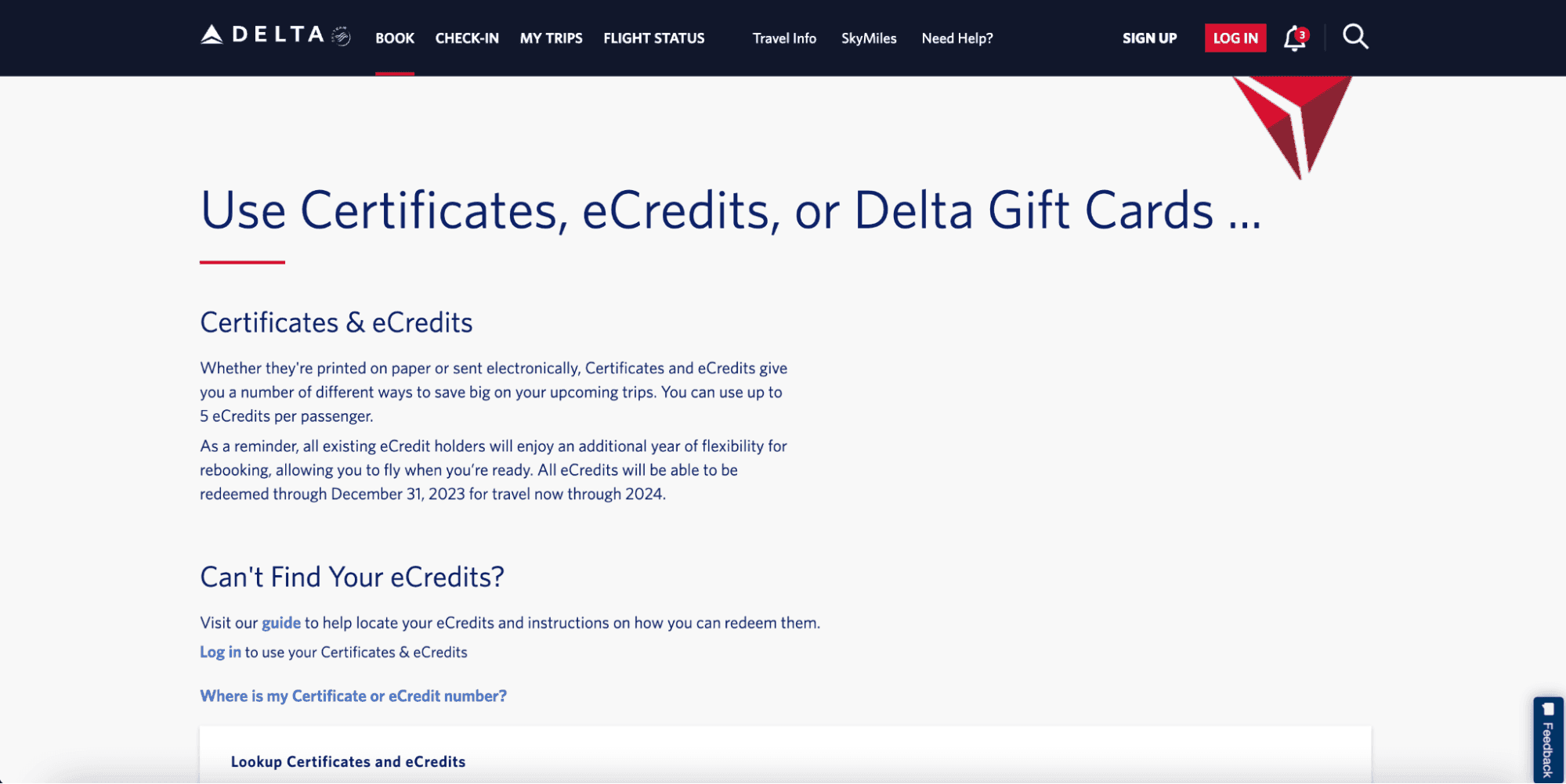 A screenshot of the Delta website, displaying information about vouchers Delta offers their customers.
