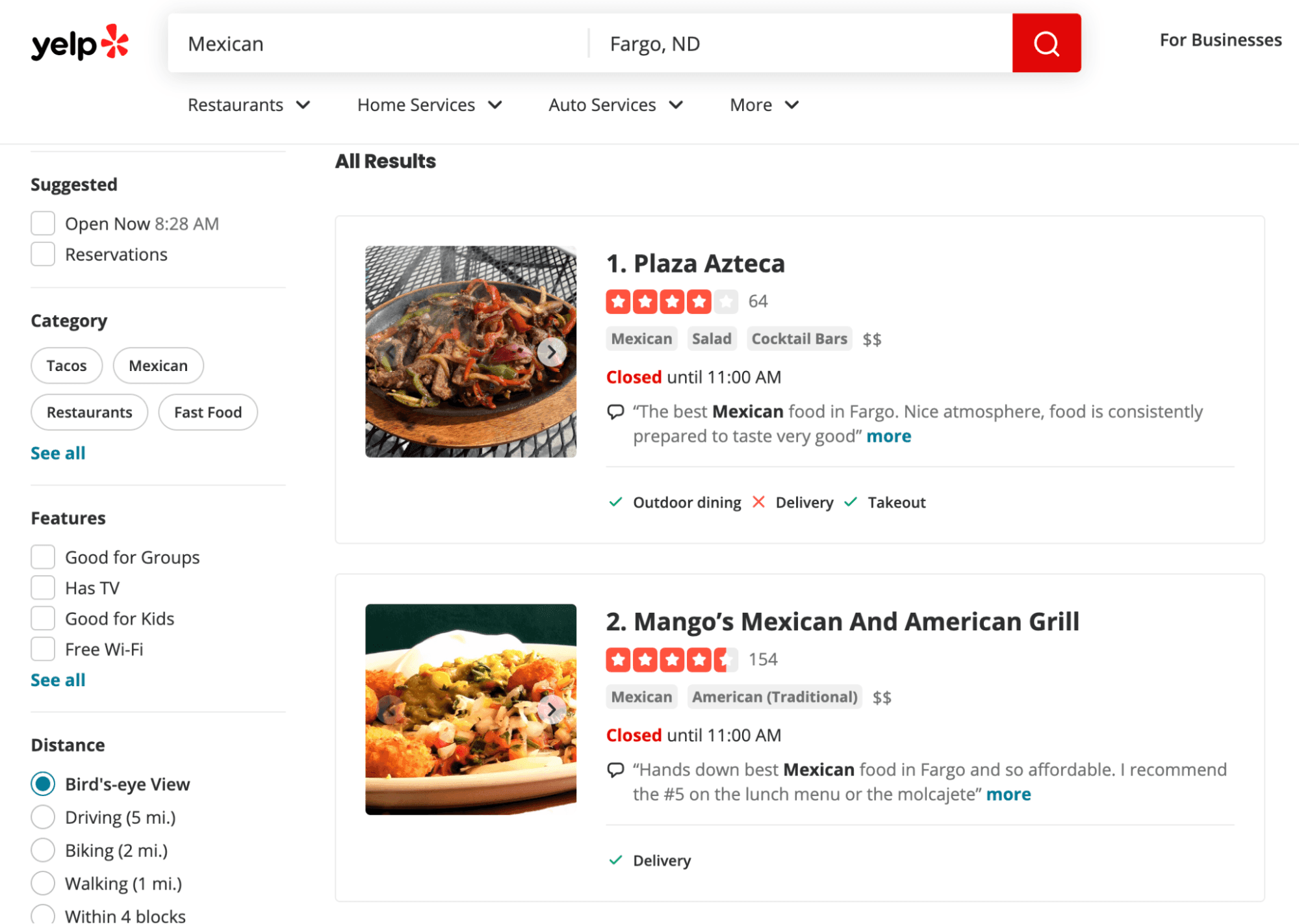 Example of restaurants being found on Yelp