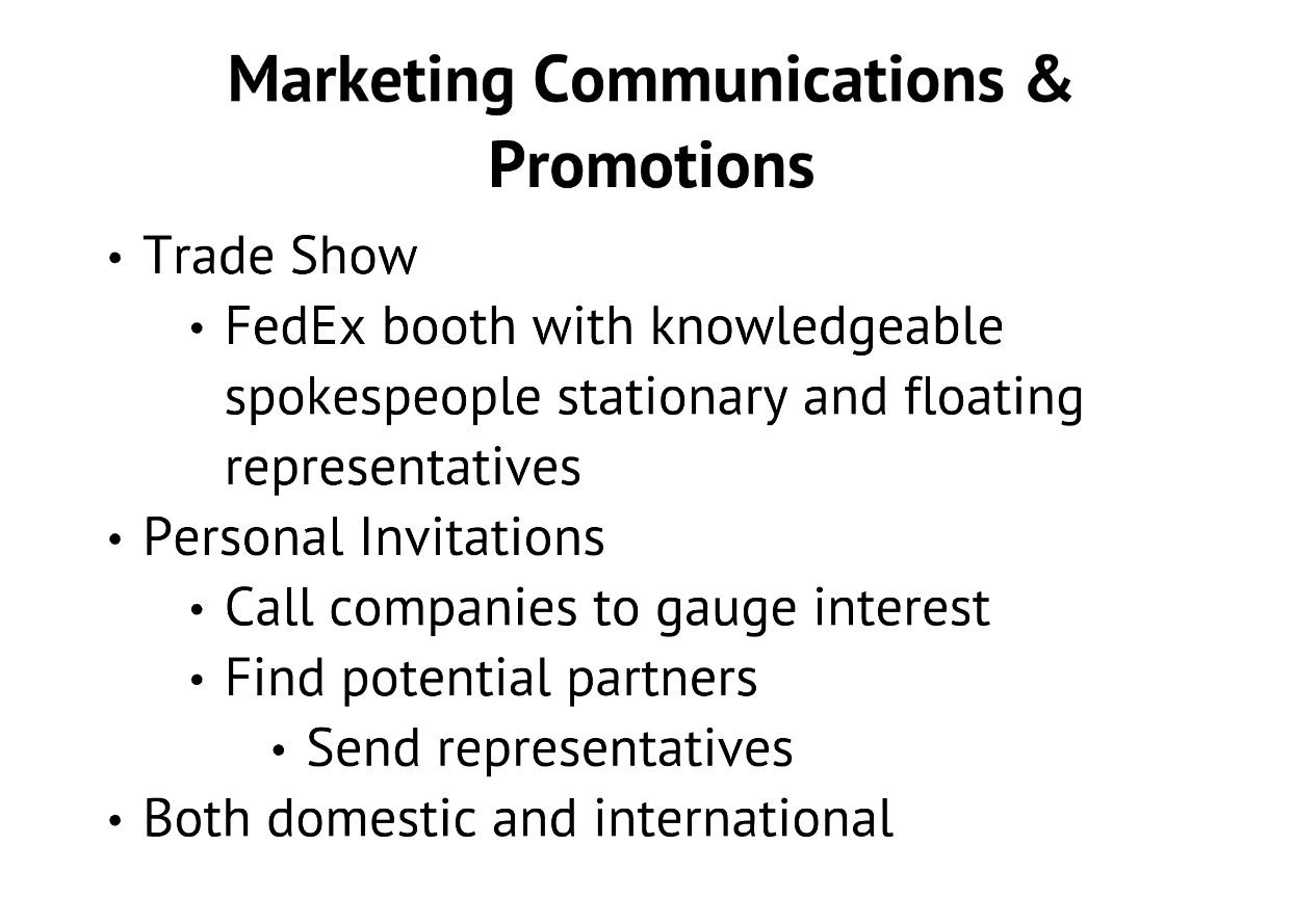 Example of marketing plan communications and promotions from FedEx