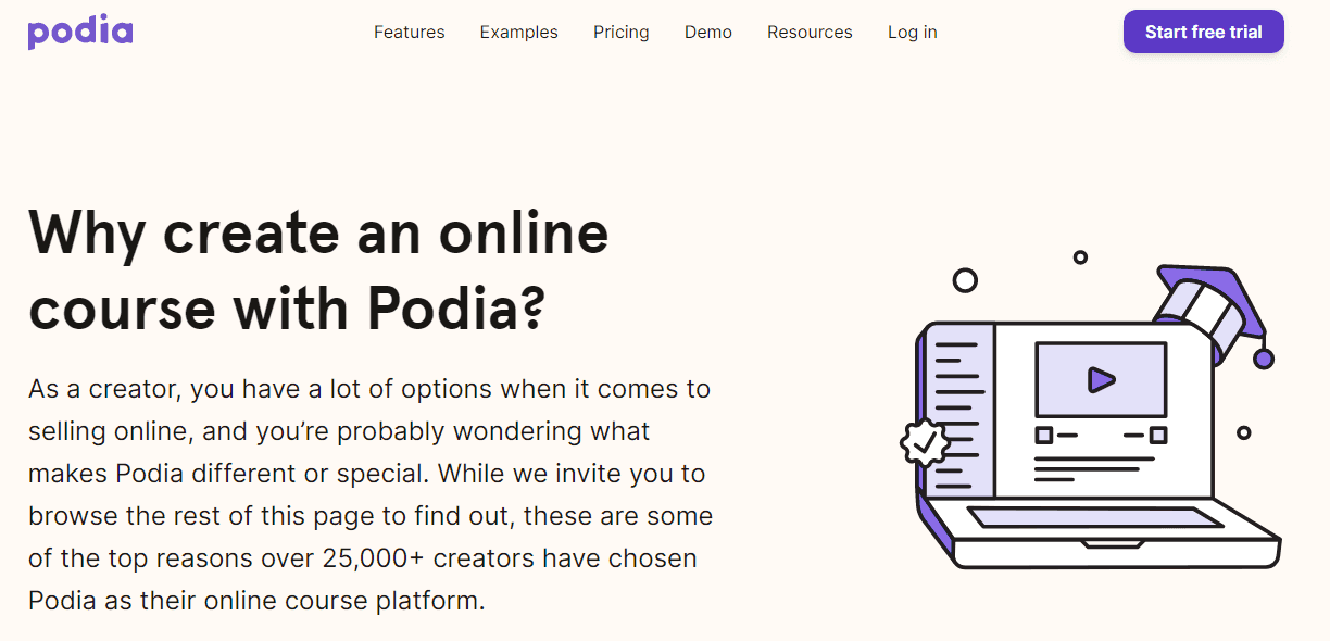 Homepage for Podia - explains why you would want to create an online page with them