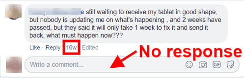 Screenshot of customer comment on Facebook and no response from company