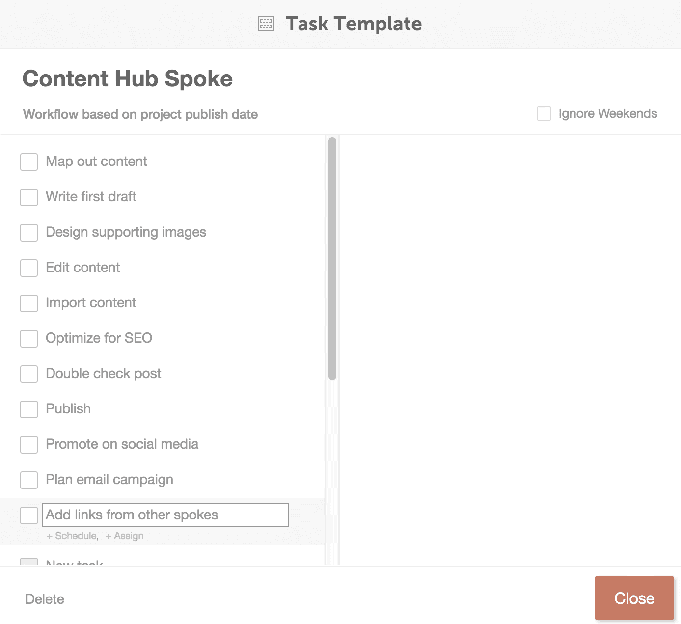 Screenshot of Content Hub Spoke workflow menu