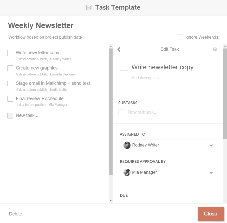 Menu for creating your task template in CoSchedule