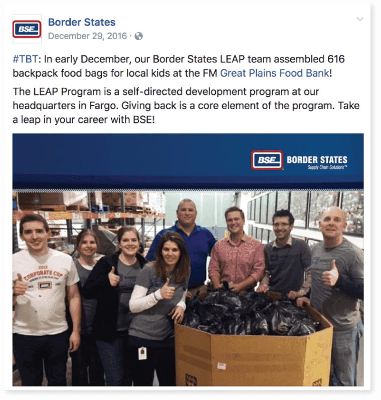 Example of a TBT post of Border States volunteering at a food bank