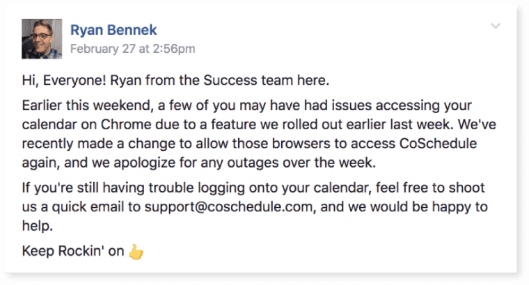 A tweet from CoSchedule explaining an outage on their website.