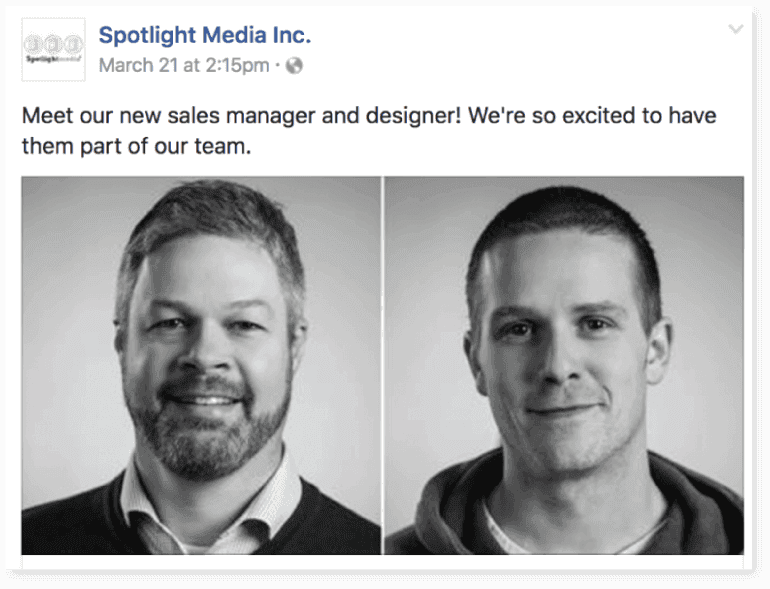 Spotlight Media Inc. Facebook post introducing new hires.