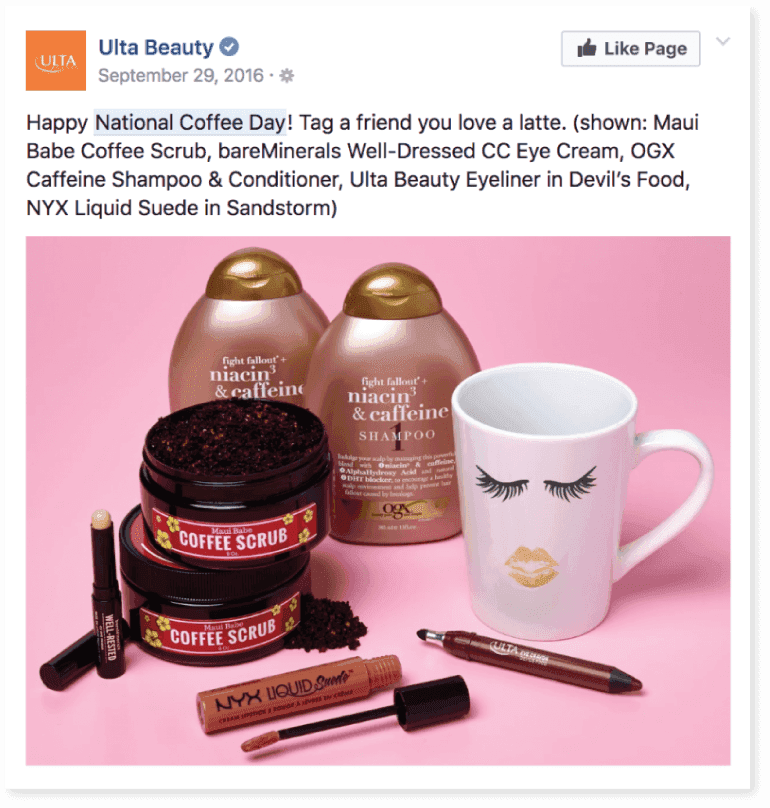 Ulta Beauty Facebook post featuring products for National Coffee Day.