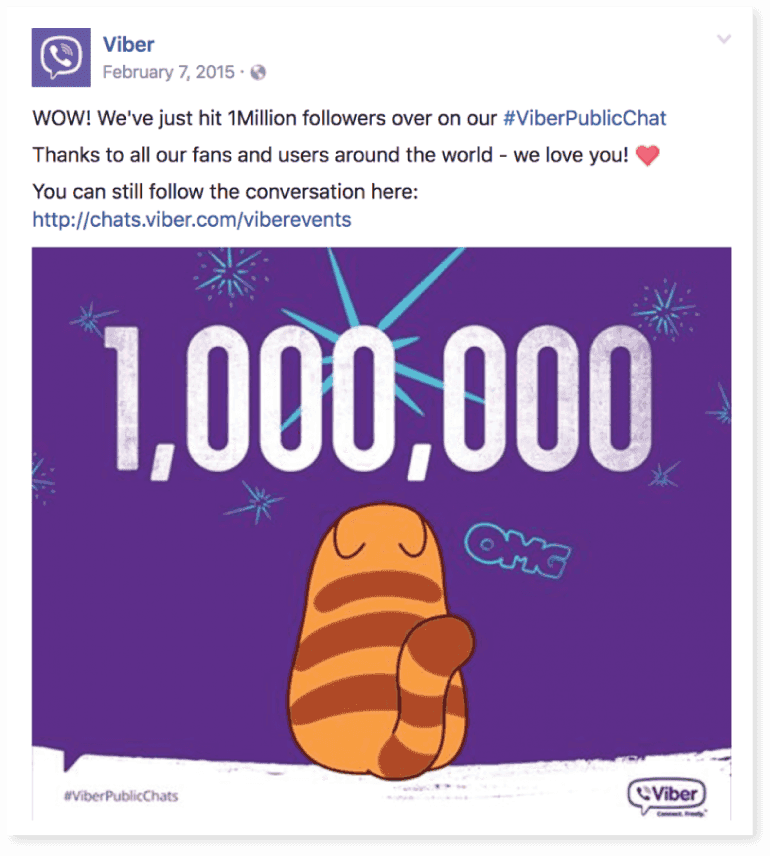Viber Facebook post sharing their 1 million followers milestone.