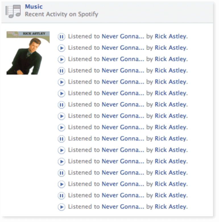 Recent activity on Spotify playlist, featuring only Rick Astley's top hit.