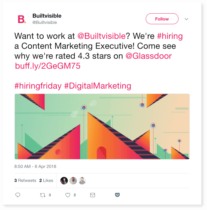 Tweet from Builtvisible about job openings. 