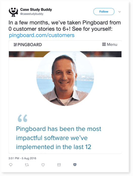 Case Study Buddy tweet sharing customer success stories.