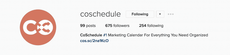 CoSchedule Instagram posts, followers and following numbers