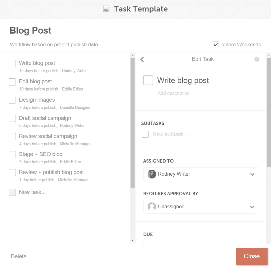 Menu for editing your task template in CoSchedule