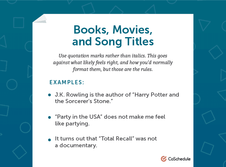 Examples of books, movies and song title formats for AP style