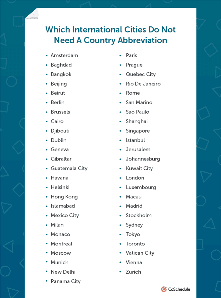 List of international cities do not need a country abbreviation