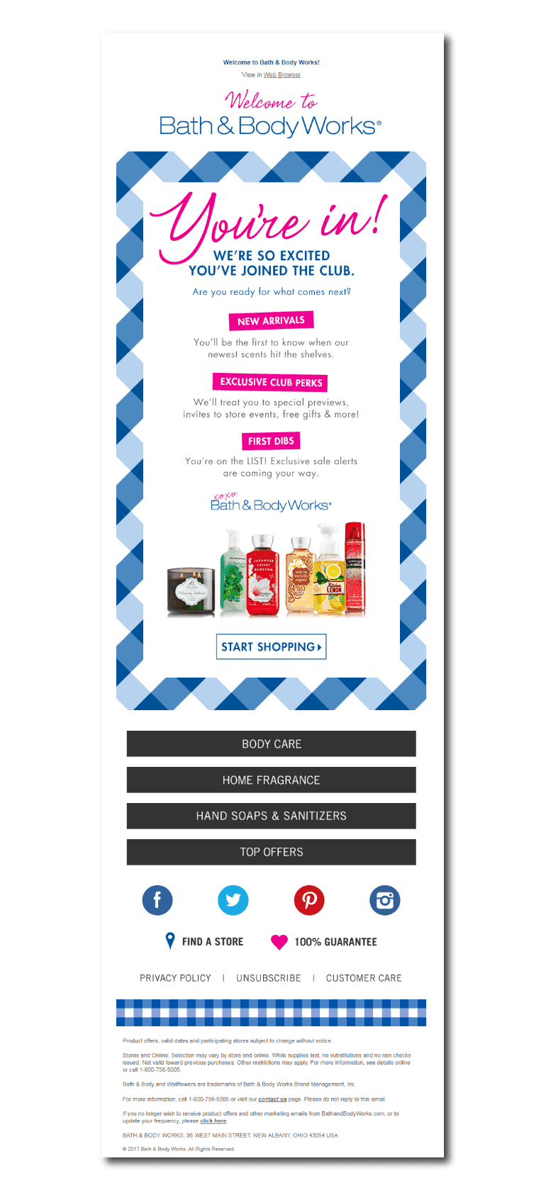 Example of a welcome email from Bath and Body Works