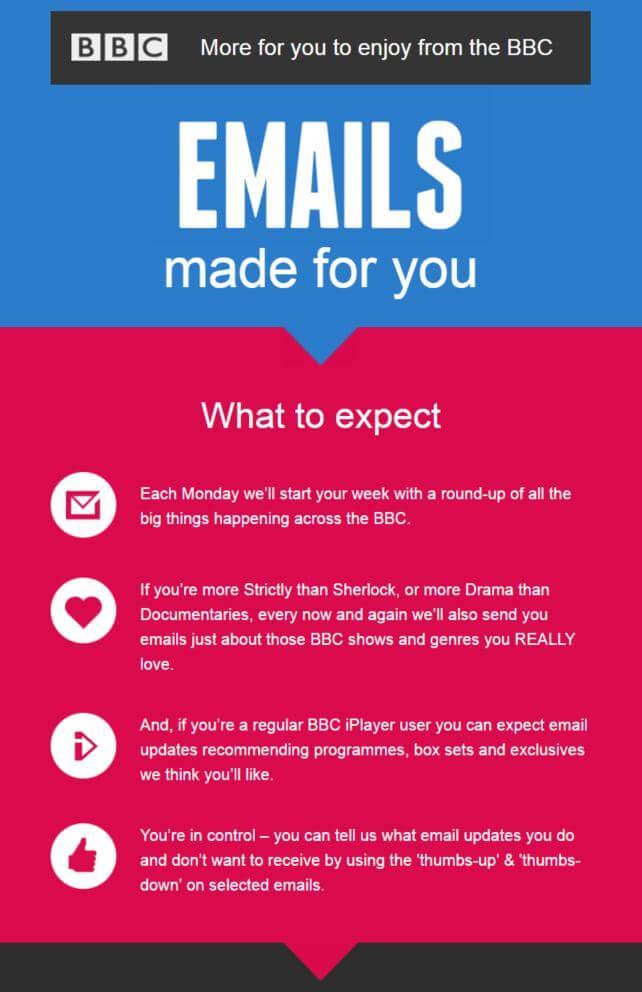 Example of a welcome email from the BBC