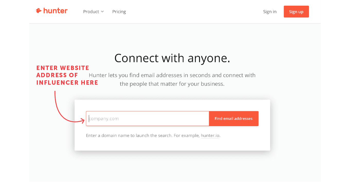 Hunter.io homepage with a search engine saying "connect with anyone"