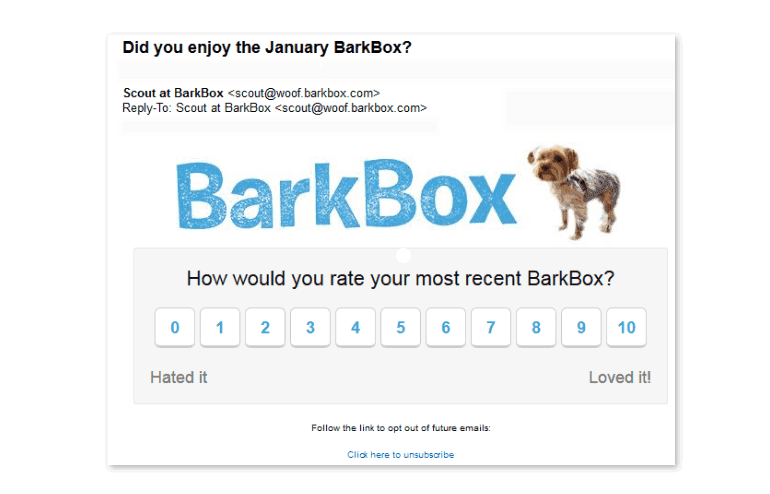 Example of review request from BarkBox