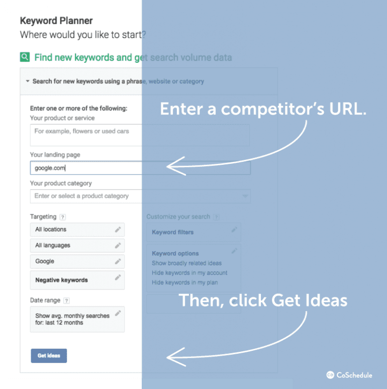 Enter a competitor's URL and then click Get Keyword Ideas.