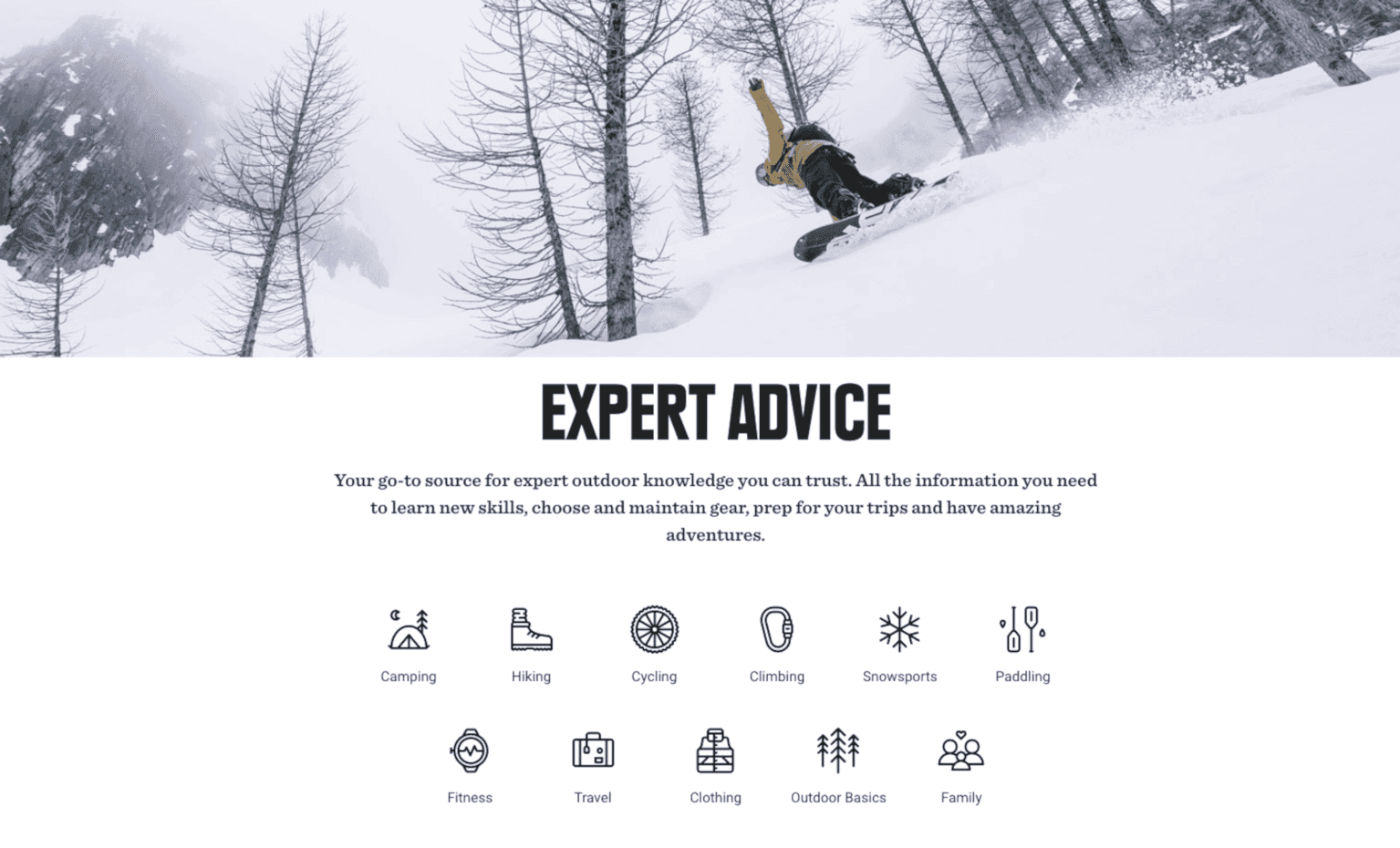 Main page navigation for Expert Advice on outdoor knowledge