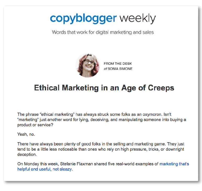Example of strong email copy from Copyblogger