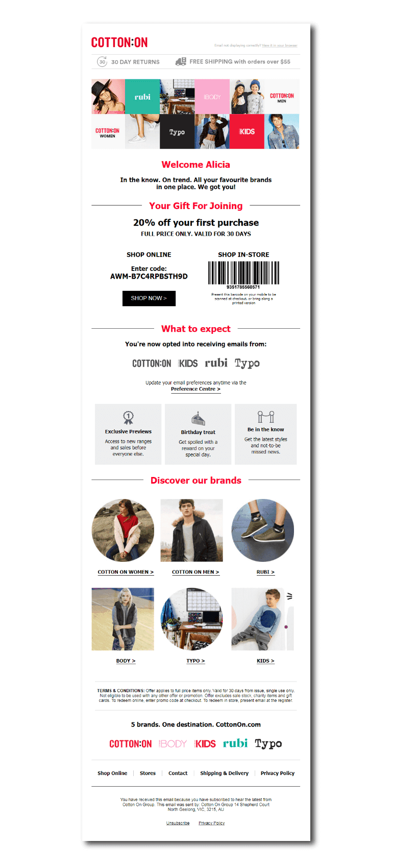 Example of a welcome email from Cotton On