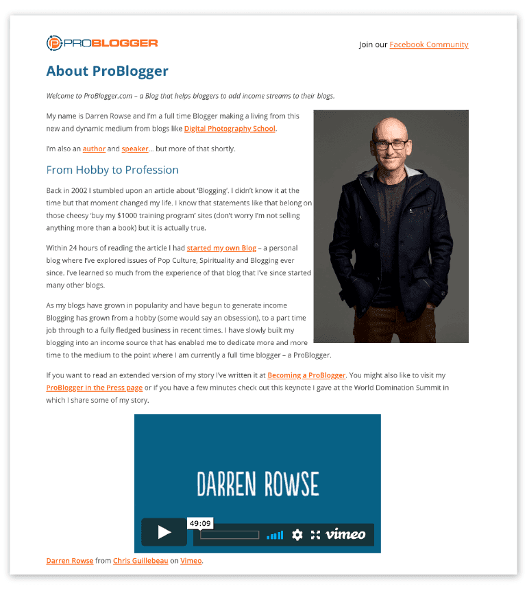 Example of a long professional bio from Darren Rowse