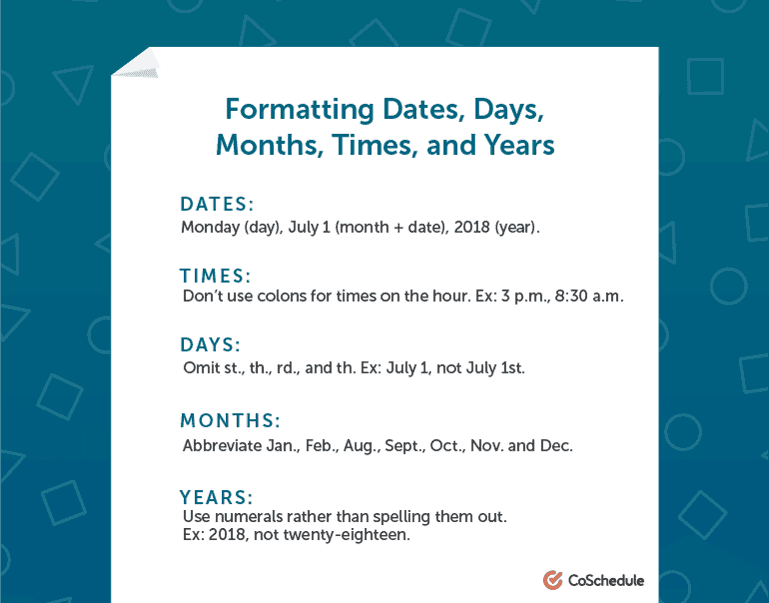 Examples of how to format dates, days, months, times and years.