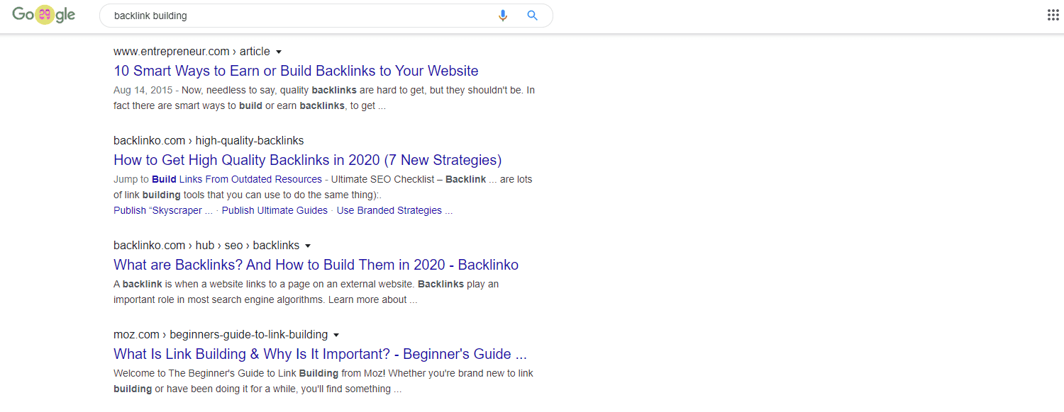 Google search page for backlink building