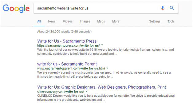 Example of a search for Write For Us pages