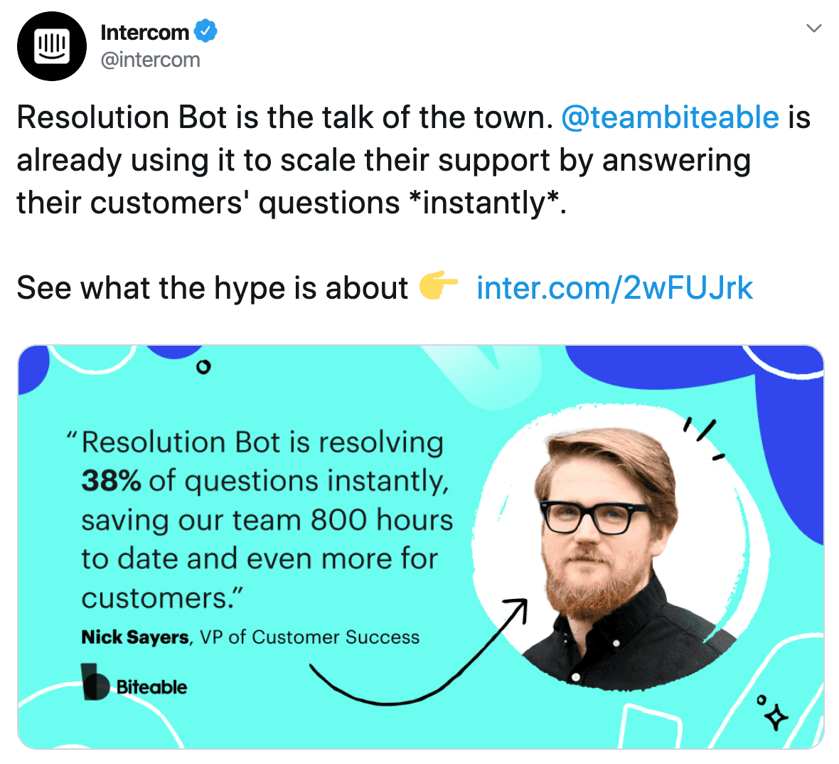 Intercom post on Twitter about Resolution Bot's positive impact