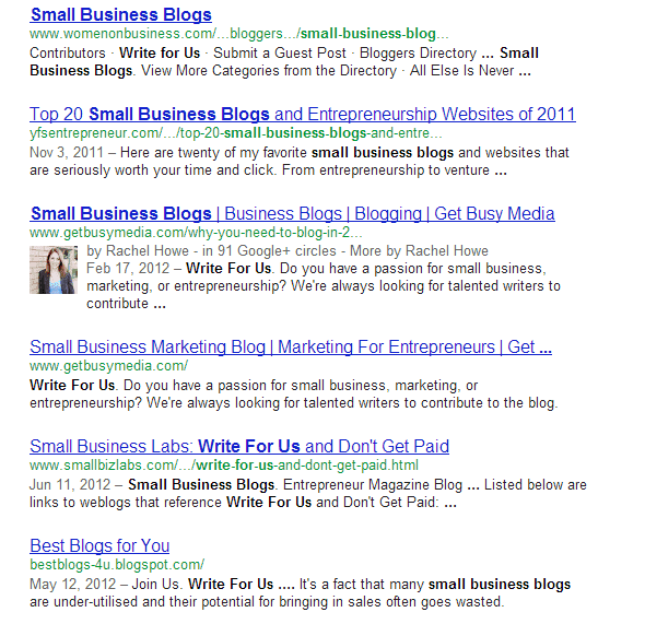 Google search engine results (SERP) for small business blogs