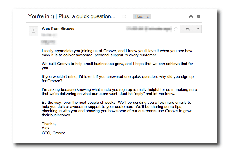 Example of a welcome email from Groove