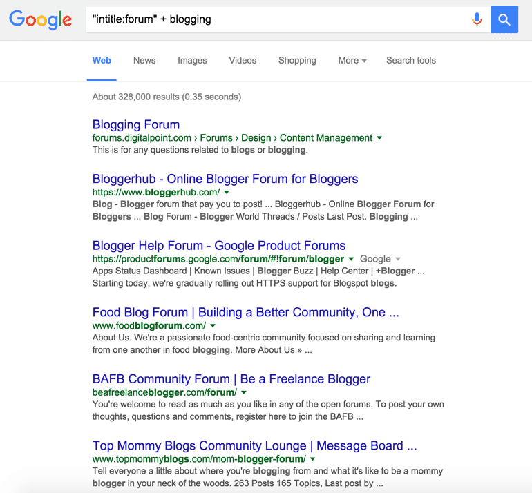 Example of using Google to find forums in your niche