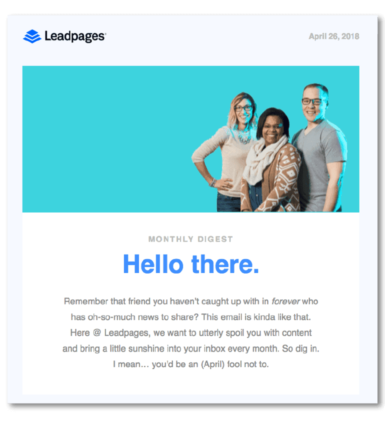 Sample email newsletter from LeadPages