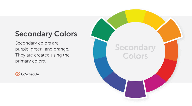 Secondary colors are purple, green, and orange.