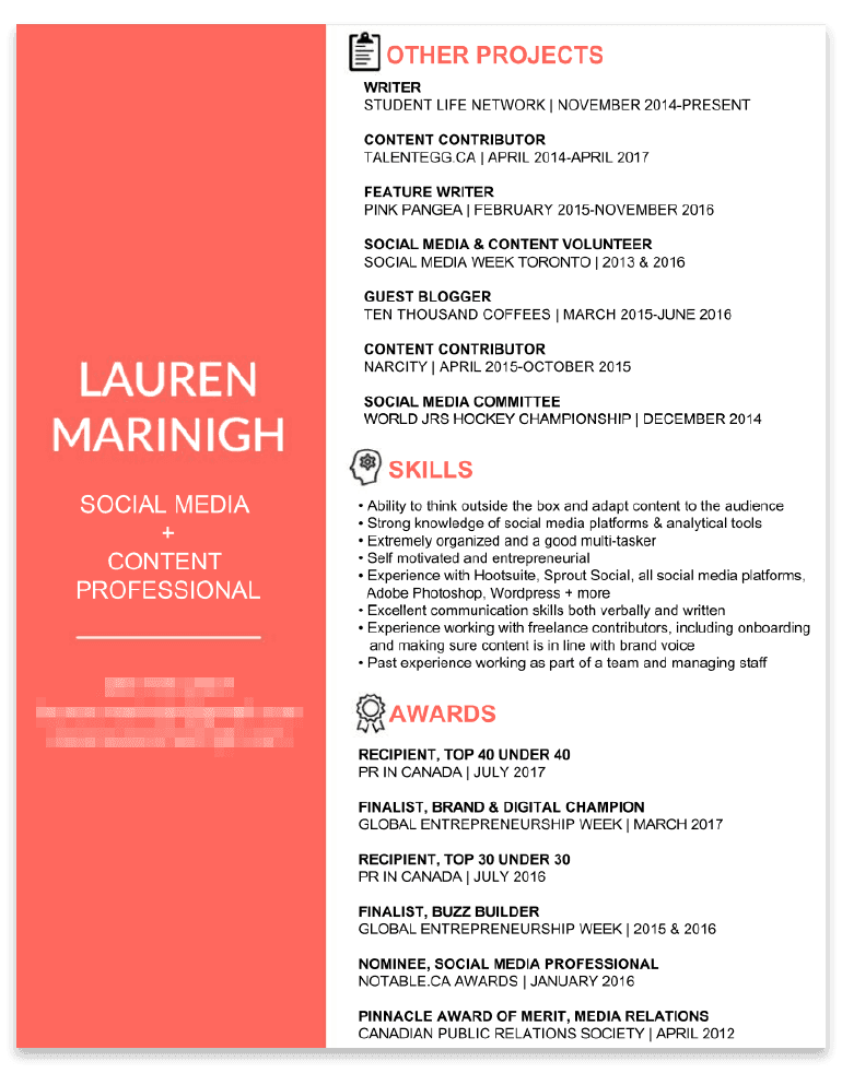 Second page of social media resume example