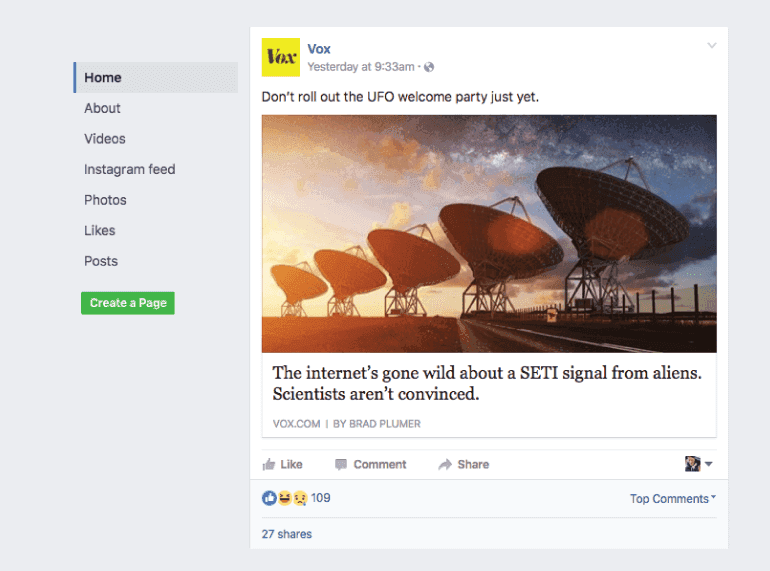 Professional Facebook post from Vox